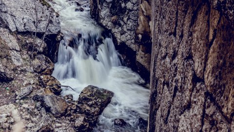 Водопад, камни, река, текущий