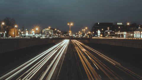 Дорога, мост, город, свет