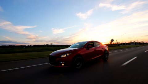 Автомобиль, закат, движение