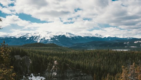 Горы, деревья, расстояние, снег, облака