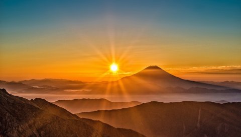 Mount fuji, Япония, солнце