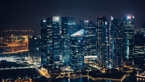 Небоскребы, ночной город, вид сверху