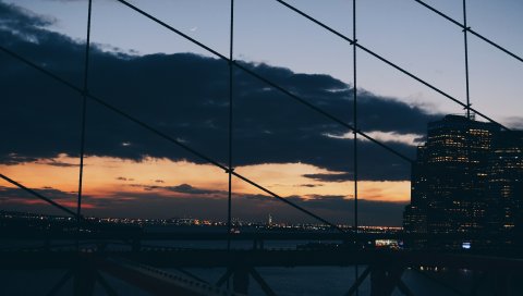 Нью-Йорк, ночь, здание, сетка, мост
