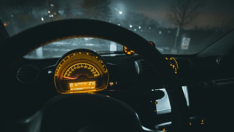 Спидометр, автомобиль, руль, ночь