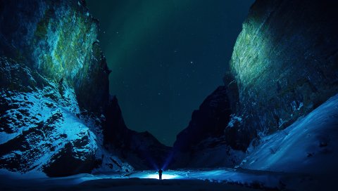 Горы, звездное небо, снег, льдины, ночь