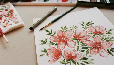 Рисунок, цветы, краски, кисти