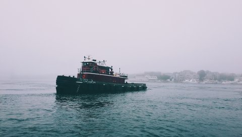 Корабль, море, пасмурно, туман