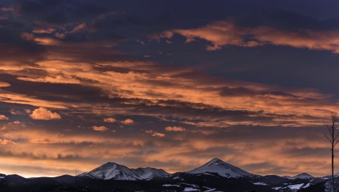 Горы, закат, облака, вершины