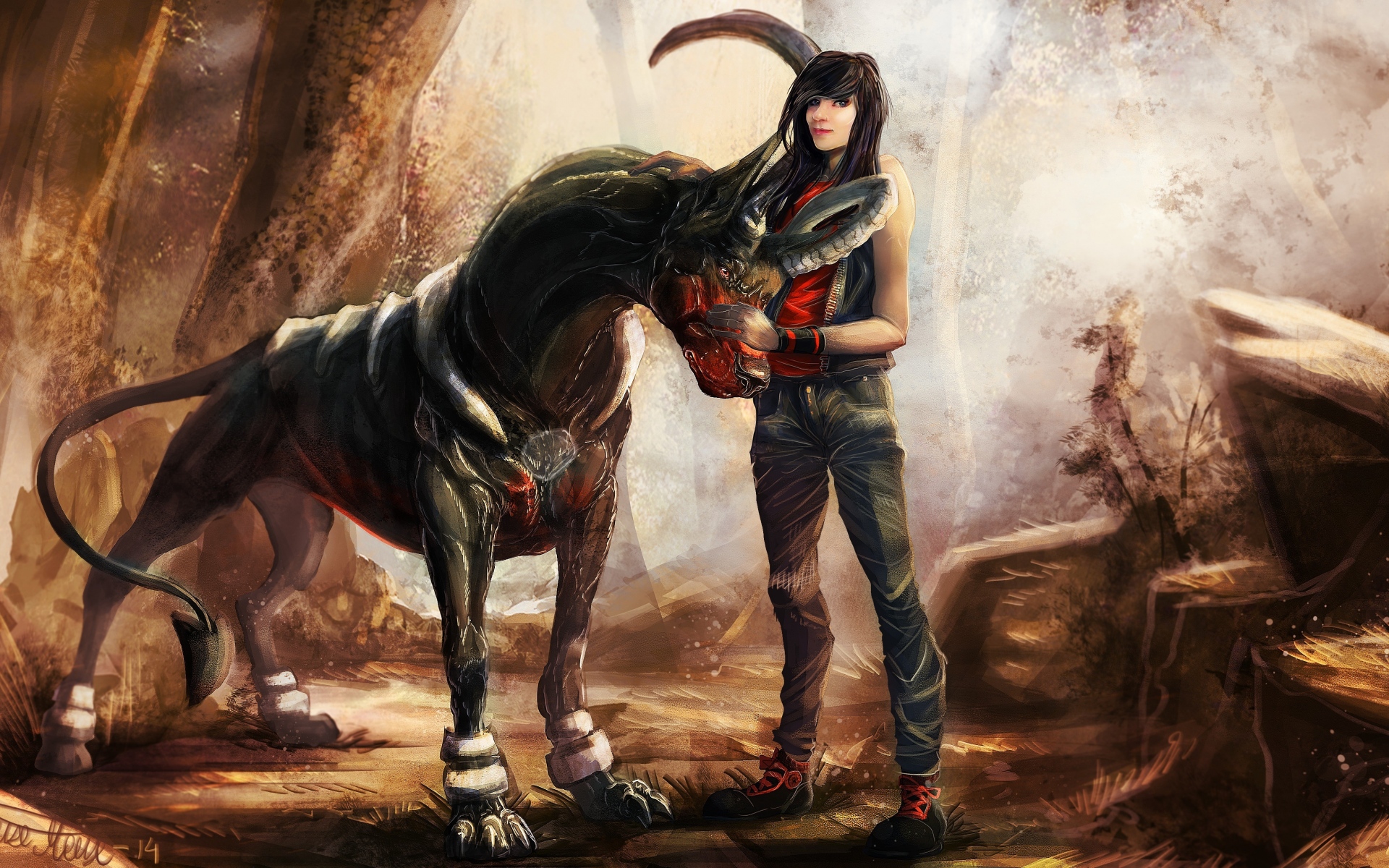 Картинки Собака существа, houndoom, покемон, девушка фото и обои на рабочий стол