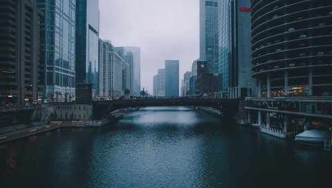 Мост, здание, небоскребы, река