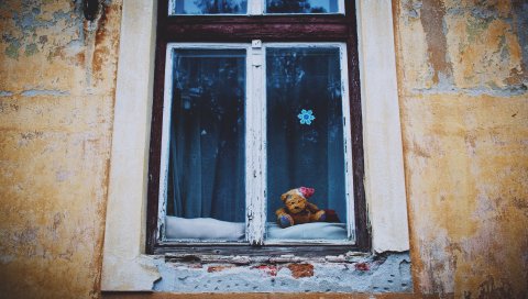Окно, плюшевый мишка, винтаж