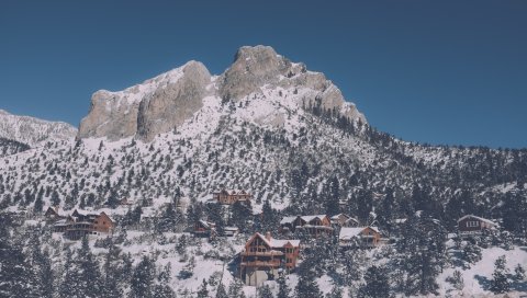 Горы, вершина, снег, дома, отдых