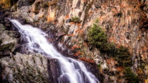 Водопад, горы, скалы, hdr