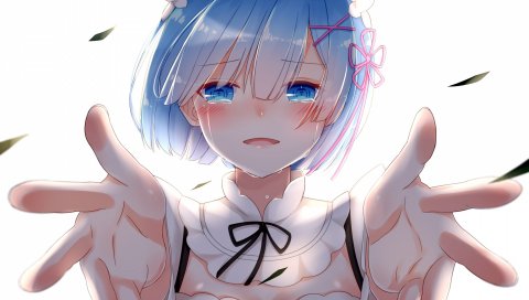 Re zero, rem, аниме девушка, искусство, рука, голубоглазый