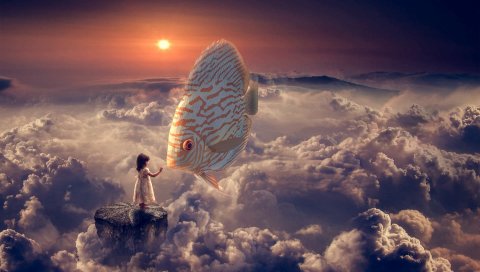 Фантазия, девушка, рыба, облака, небо