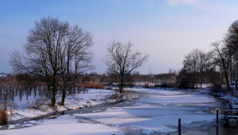 Зима, лед, река, снег