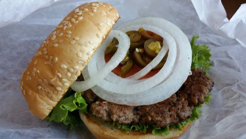 гамбургер, гамбургер, булочка, лук , мясо