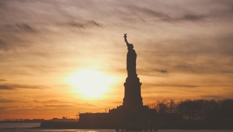Статуя свободы, США, америка, закат, скульптура