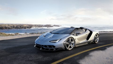 Lamborghini, родстер, дорога, море, камни