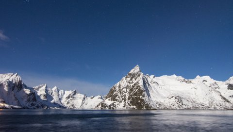 Горы, вершины, снег, небо, озеро