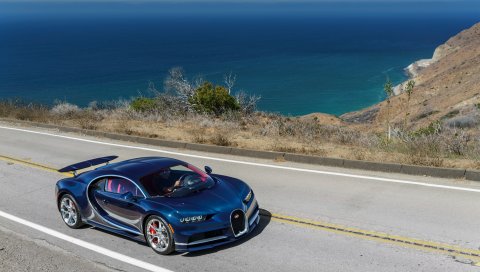 Bugatti, chiron, синий, вид сбоку