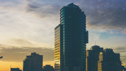 Небоскреб, строительство, архитектура, вечер, небо