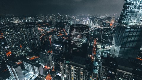 Небоскребы, ночь, вид сверху, огни города, мегаполис