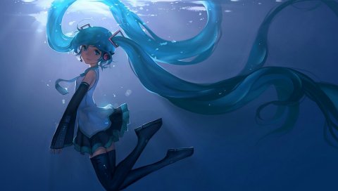 Hatsune miku, вокалоид, девушка, подводный