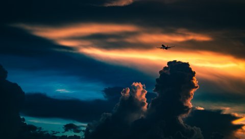Самолет, небо, ночь, облака, закат