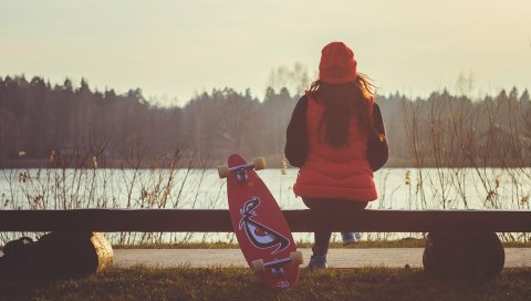 Longboard, девушка, природа, река, деревья