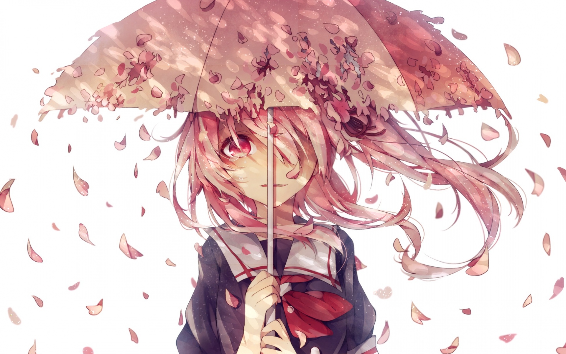 Картинки Коллекция kantai, разрушитель harusame, зонт, лепестки фото и обои на рабочий стол