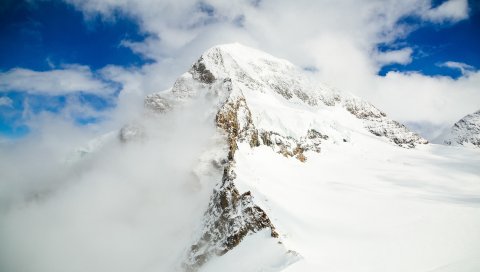 Горы, вершина, снег, облака, горный пейзаж