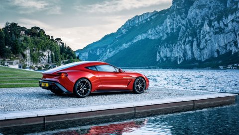 Aston martin, победитель, красный, вид сбоку, гора, озеро