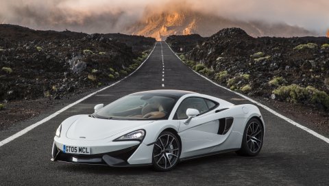 Mclaren, 570gt, белый, вид сбоку, дорога, горизонт