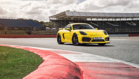 Porsche, cayman, gt4, желтый, вид сбоку