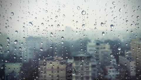 Дождь, окно, стекло, здания, капли