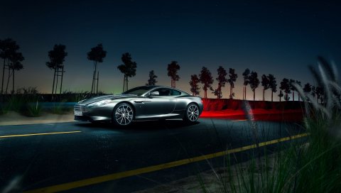 Aston martin, db9, авто, ночь, дорога, вид сбоку