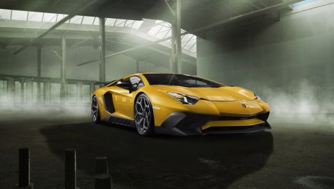 Lamborghini, aventador, желтый, вид сбоку