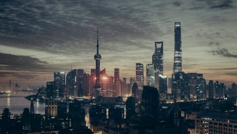 Шанхай, Китай, небоскребы, ночь, панорама