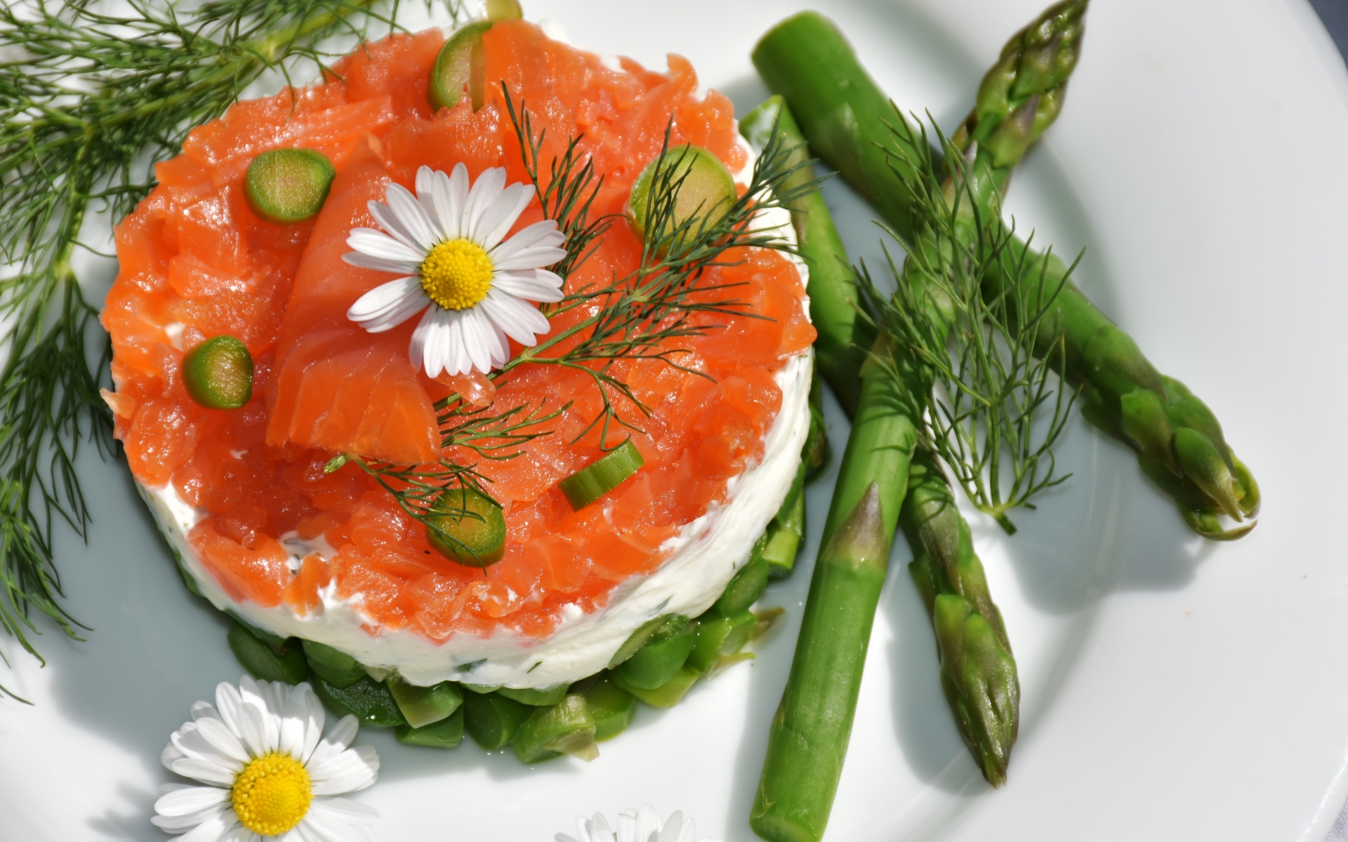 Картинки Рыба, мясо, спаржа, ромашка фото и обои на рабочий стол