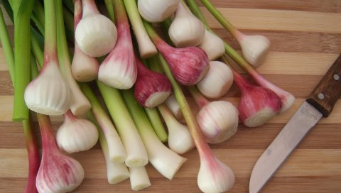Овощи, чеснок, разделочная доска, нож