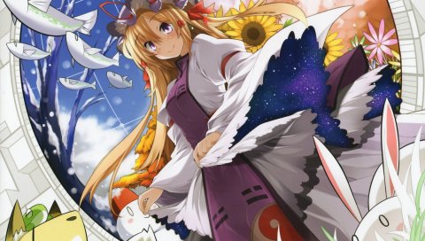 Yakumo yukari, touhou, кролик, рыба