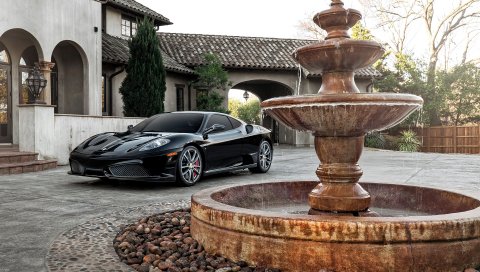 Ferrari, f430, черный, вид сбоку, фонтан