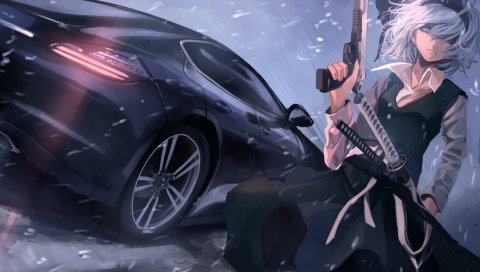 Konpaku youmu, девушка, автомобиль, поездка, пистолет