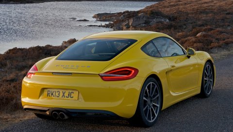 Porsche, cayman s, желтый, вид сзади