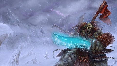 Мир warcraft, орк, баннер, снег, меч