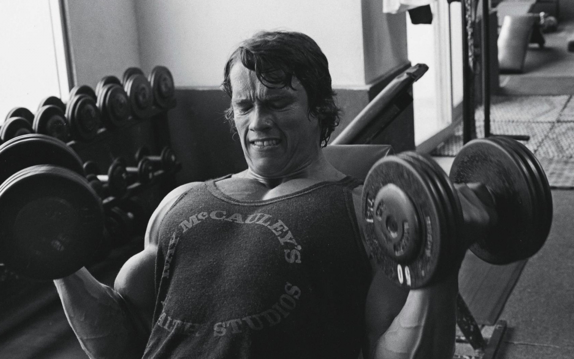 Картинки Arnold schwarzenegger, спорт, бодибилдинг, гантели фото и обои на рабочий стол