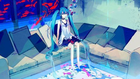 Вокалоид, hatsune miku, искусство, девушка, мебель