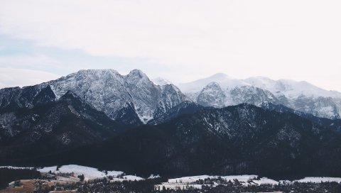 Горы, здания, небо, вершины, снег