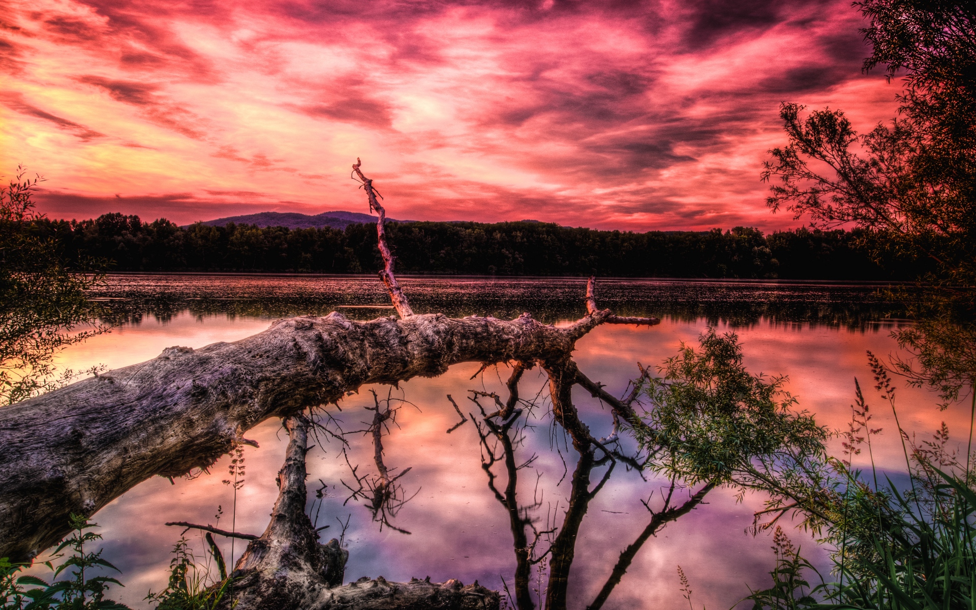 Картинки Озеро, закат, деревья, hdr фото и обои на рабочий стол